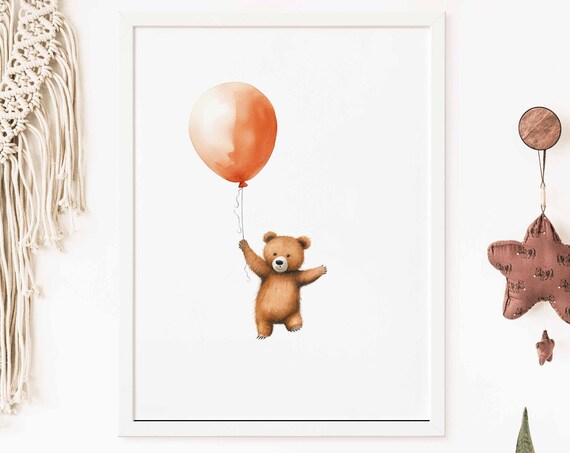 Teddy Bear Floating with an Orange Balloon Watercolor Poster