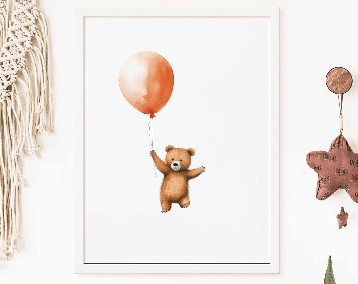 Teddy Bear Floating with an Orange Balloon Watercolor Poster