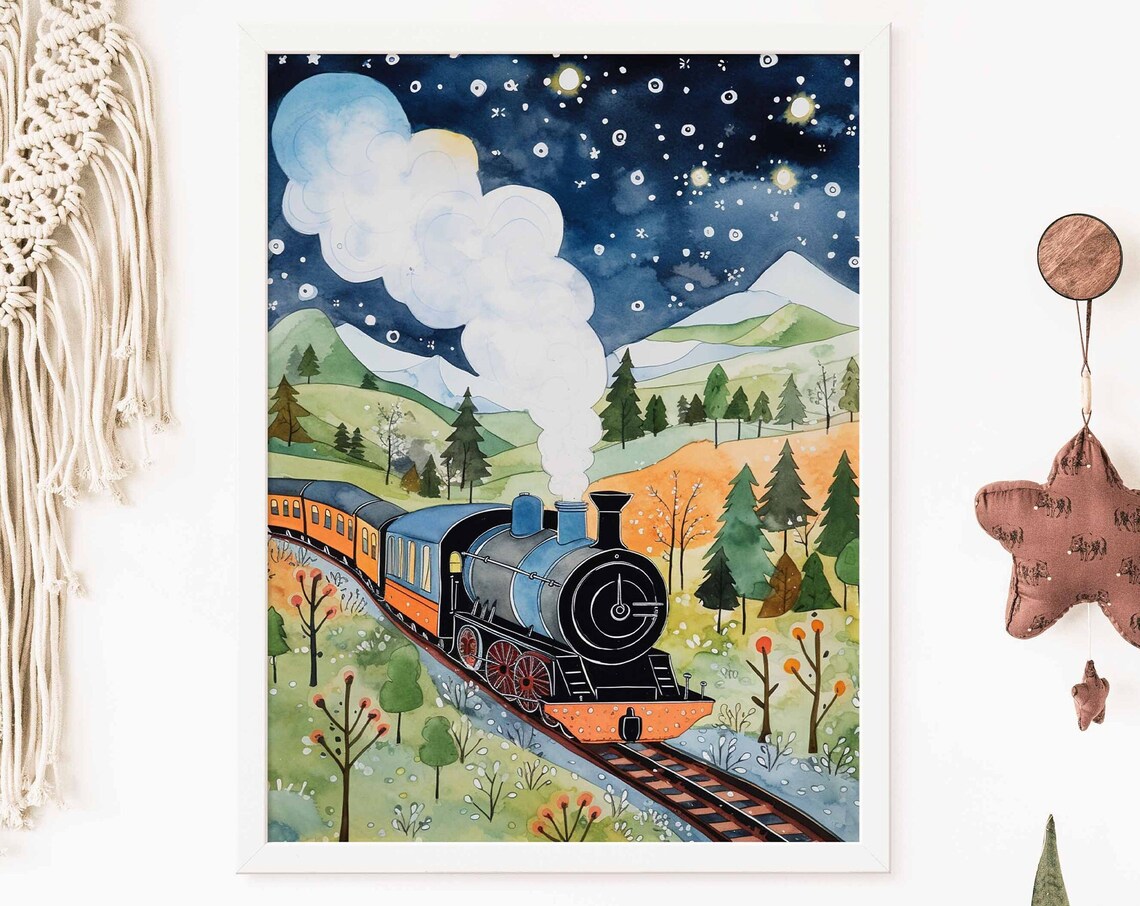 Magical Night Train Journey Under Starry Sky Poster Green Hills