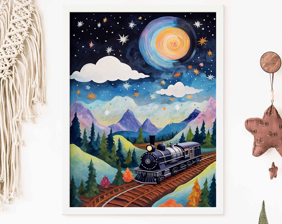 Steam Train Starry Night Dark Purple Mountains Forest Moon Poster