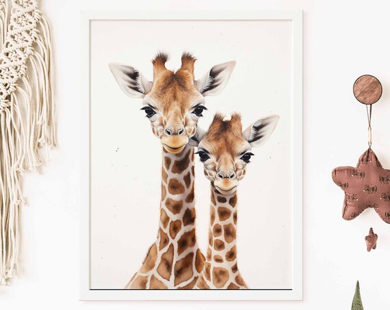 Two Cute Baby Giraffes Watercolor Poster for Kids Nursery Decor