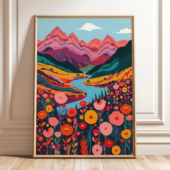 Colorful Mountain Landscape Art Print Abstract Floral Wall Bold Scenic Poster Nature Inspired Living Room Decor