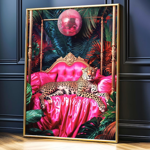 Cheetah Sleeping Under Disco Ball, Pink Boho Art Print