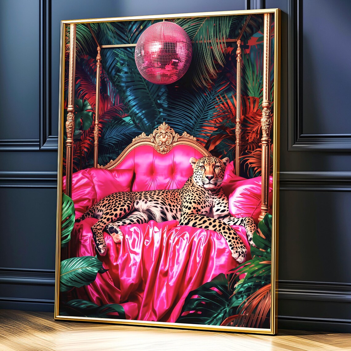 Cheetah Sleeping Under Disco Ball, Pink Boho Art Print