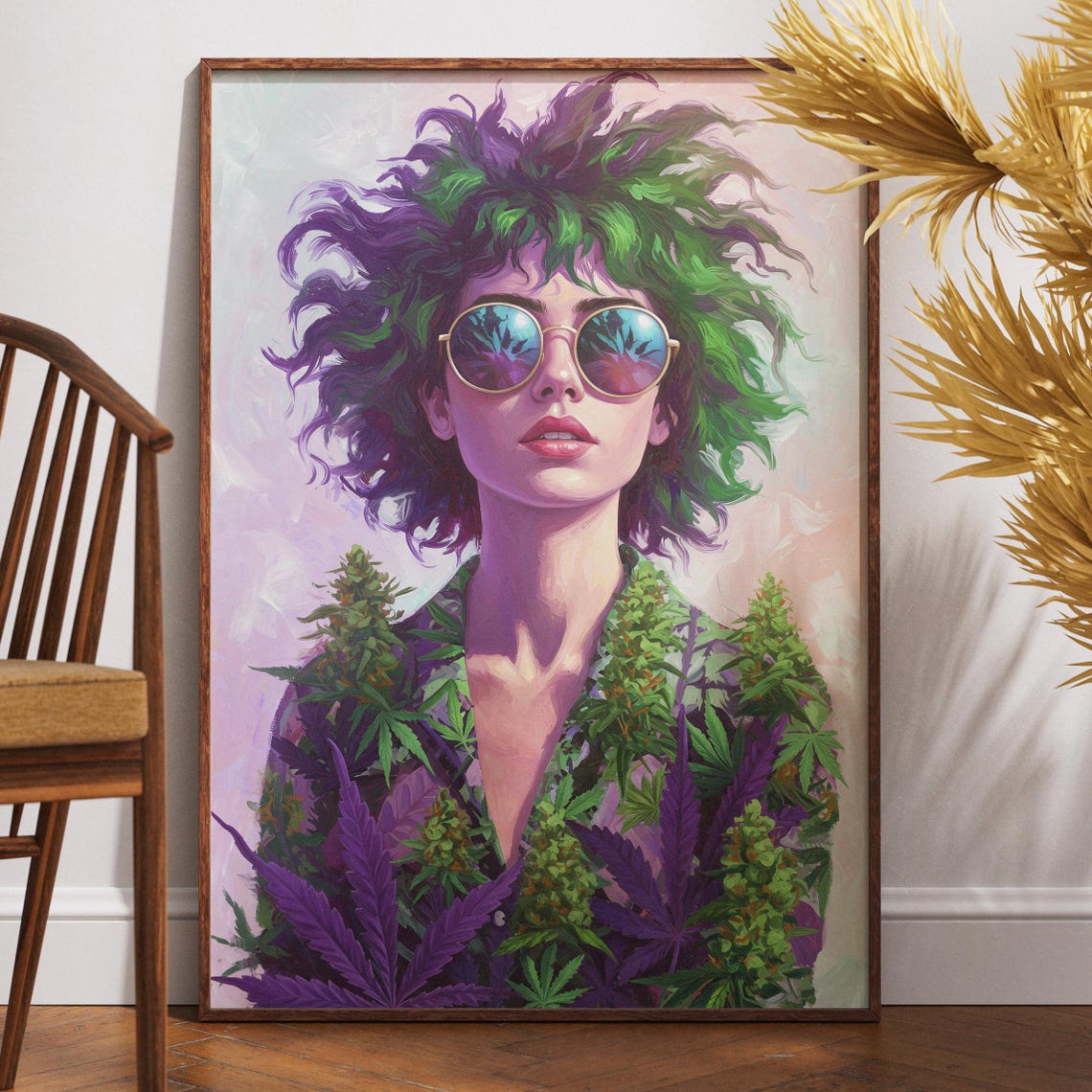 Psychedelic Cannabis Leaf Woman With Round Sunglasses Pop Art Poster