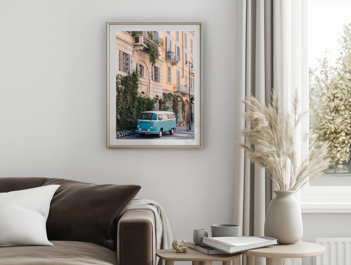 Milan Italy Vintage Blue Volkswagen Van Street Scene Photo Poster - Image 3