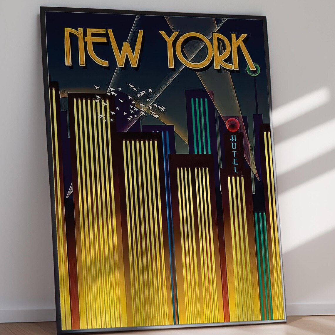 New York City Art Deco Night Skyline Gold Tower Vintage Poster - Image 2
