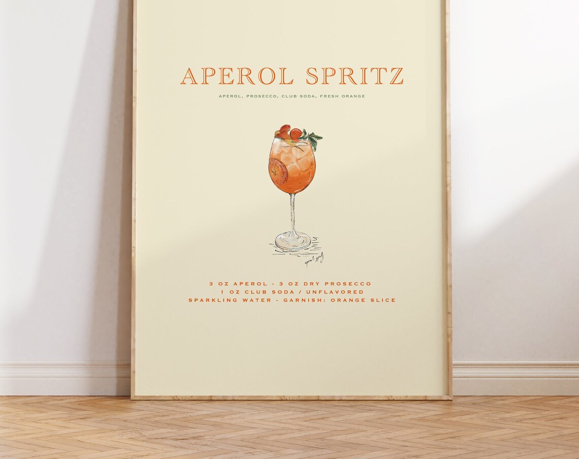 Aperol Spritz Cocktail Print, Home Bar Decor
