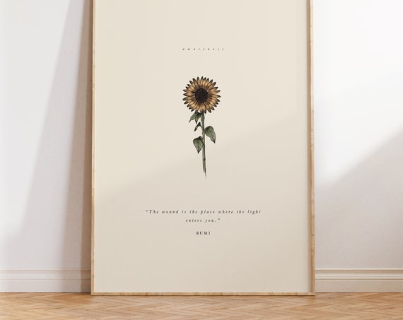 Sunflower Floral Art Print, Positive Rumi Quote