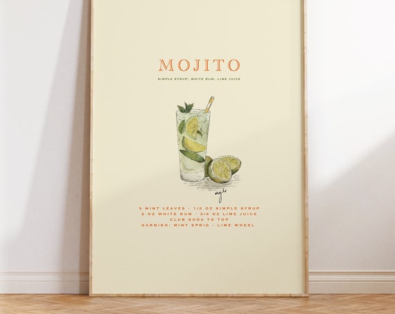 Mojito Classic Cocktail Art Print, Home Bar Decor