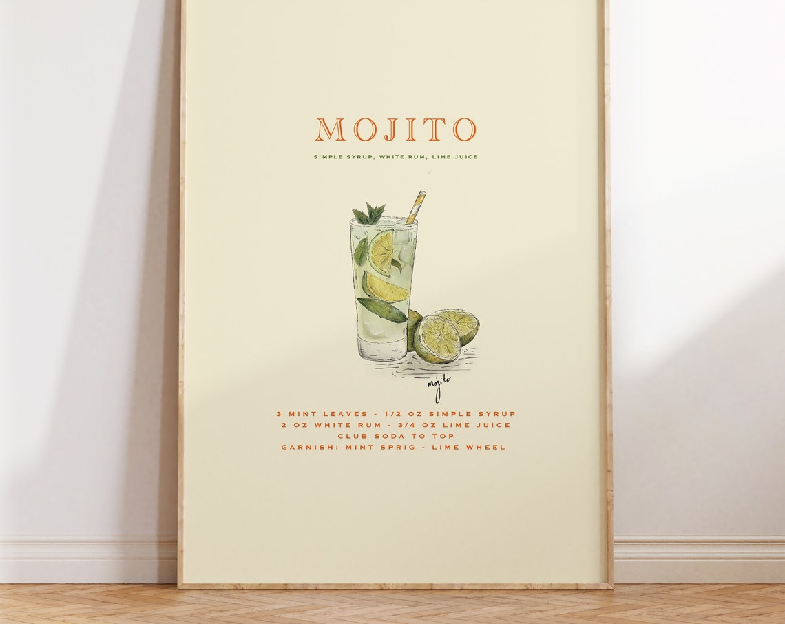 Mojito Classic Cocktail Art Print, Home Bar Decor