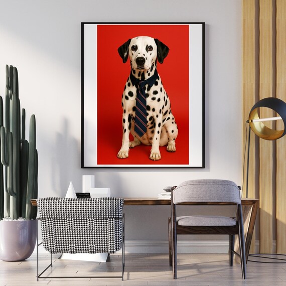 Dalmatian Dog In Tie Print Funny Office Wall Art Dad Gift Red Background Pet Portrait Quirky Lover Decor