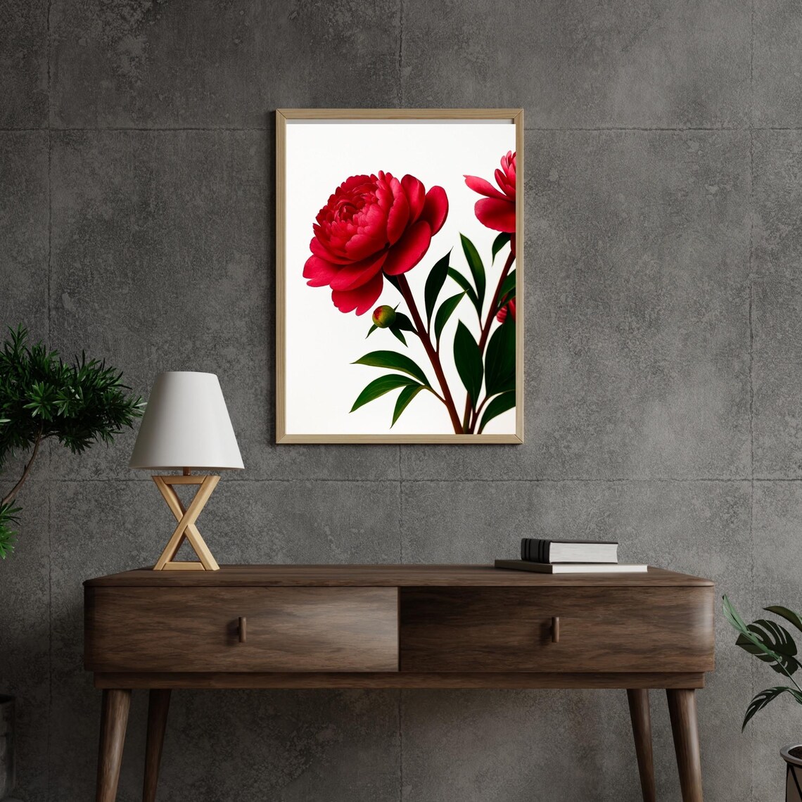 Red Peony Botanical Flower Poster, Minimalist Print