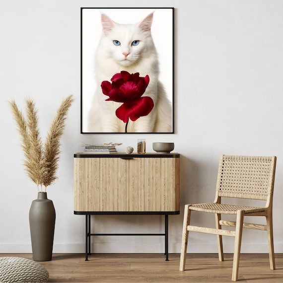 White Cat with Red Peony Flower Blue Eyes Elegant Portrait Poster
