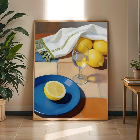 Sunlit Lemons and a Blue Plate Still Life With Wine Glass Poster