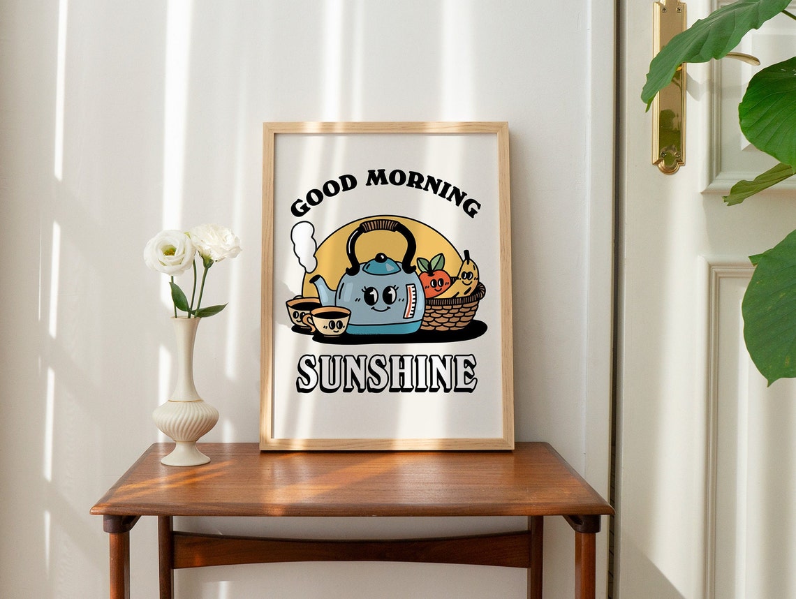 Good Morning Sunshine Smiling Kettle Retro Coffee Tea Kitchen Poster - Image 3