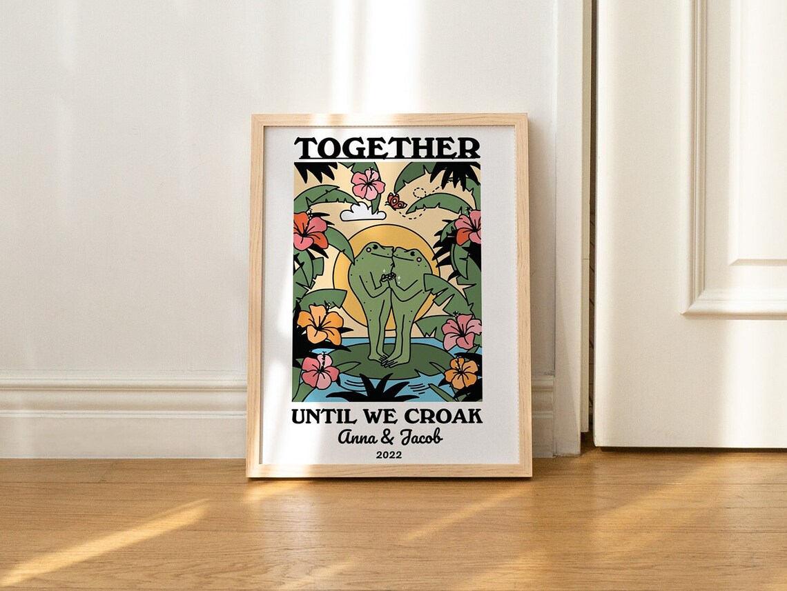 Personalized Couple Frog Illustration, Retro Wall Art Print - Image 2