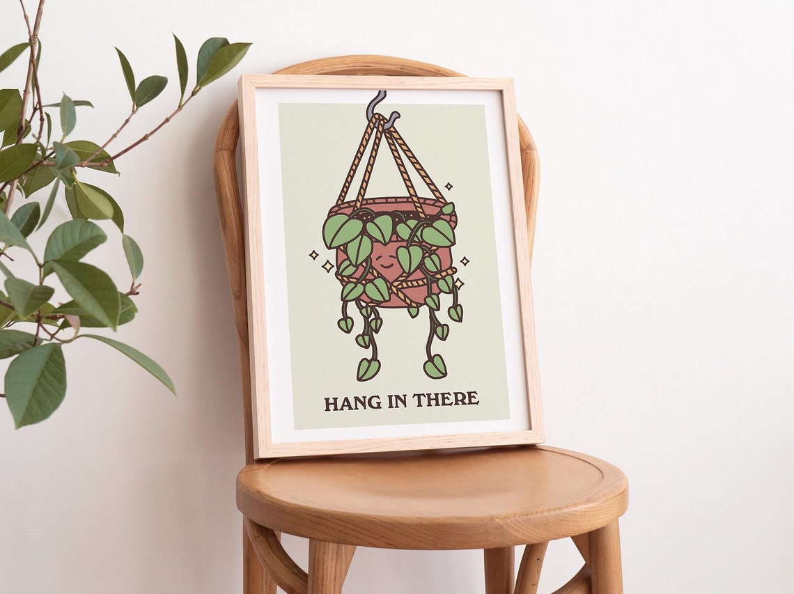 Hang In There Cute Hanging Plant Smiling Sage Green Quote Poster - Image 3