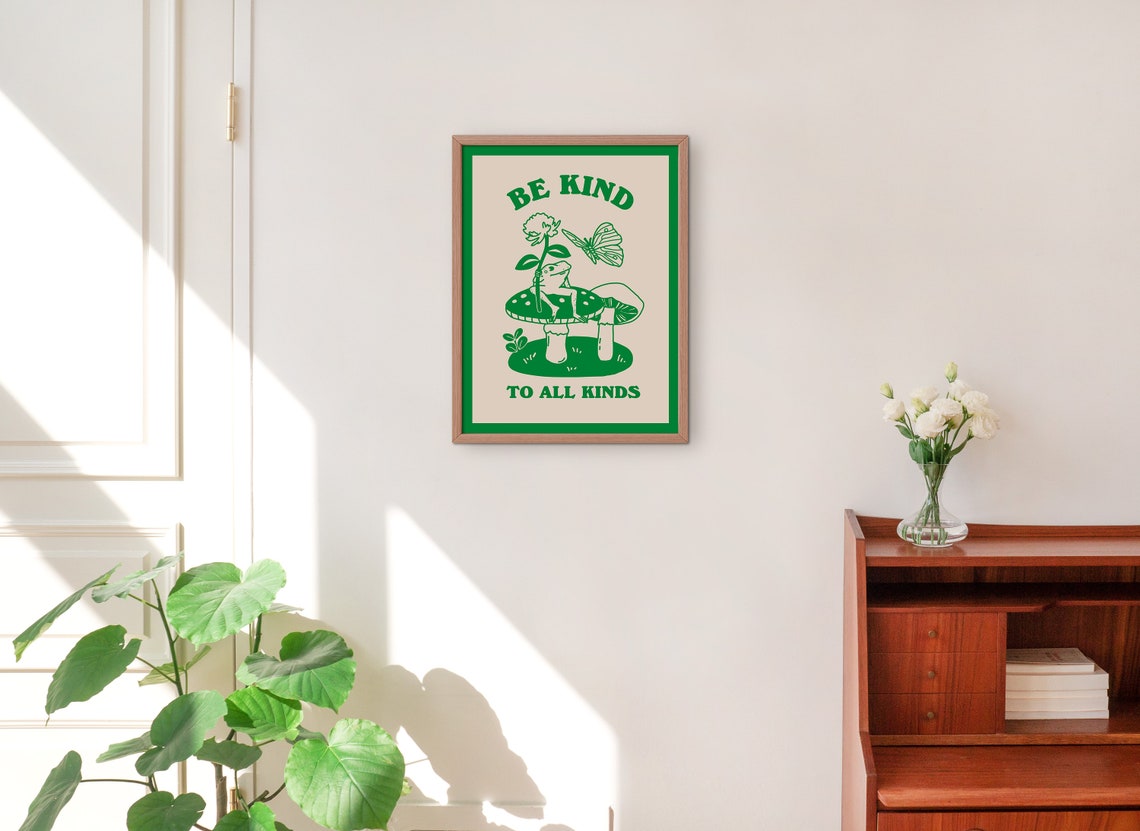 Be Kind To All Kinds Retro Frog Mushroom Butterfly Green Line Poster - Image 2