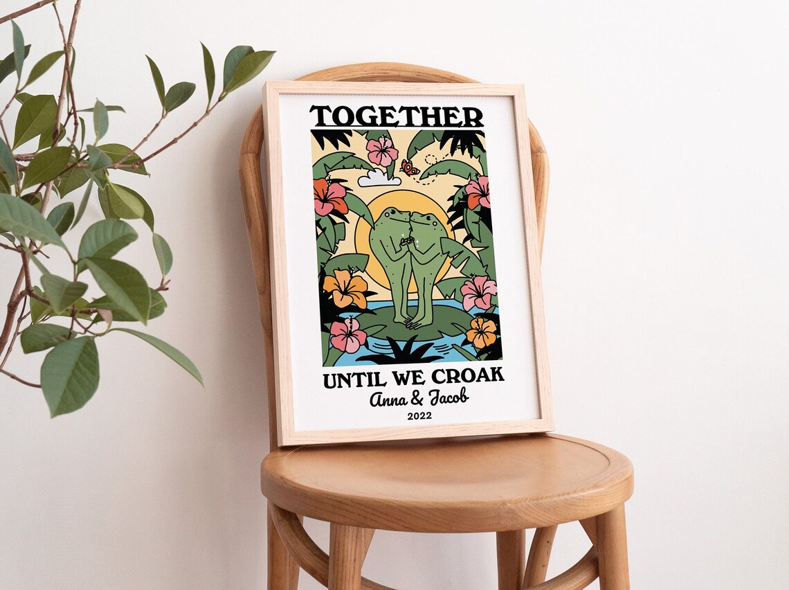 Personalized Couple Frog Illustration, Retro Wall Art Print - Image 3