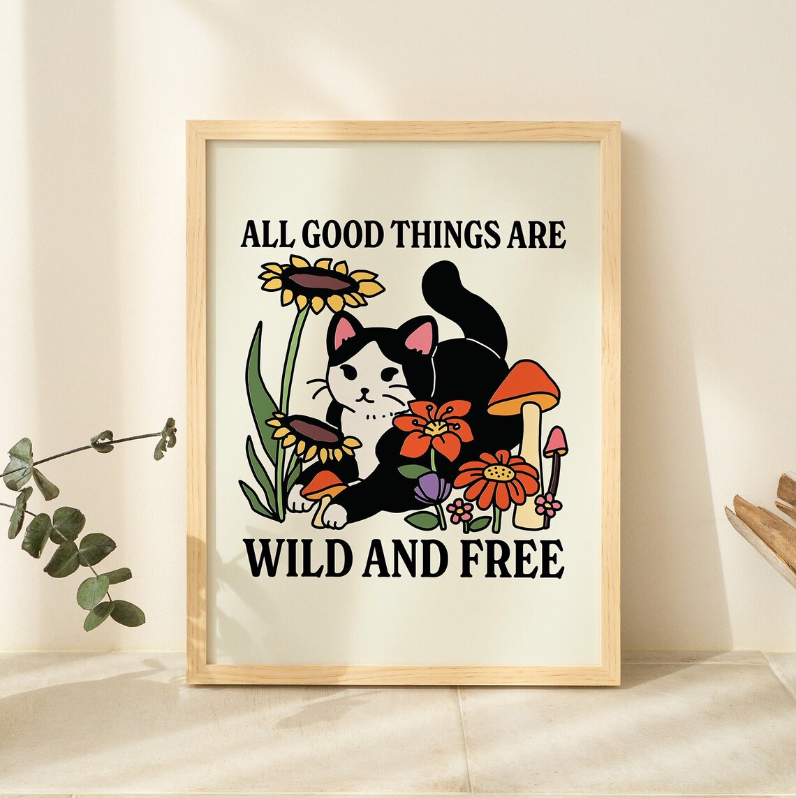 Retro Wildflower Cat Art Print, Wildflower Quote Poster