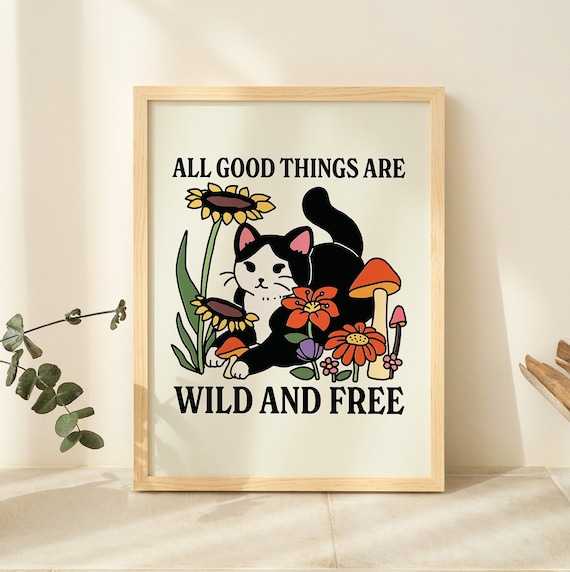 Retro Wildflower Cat Art Print, Wildflower Quote Poster