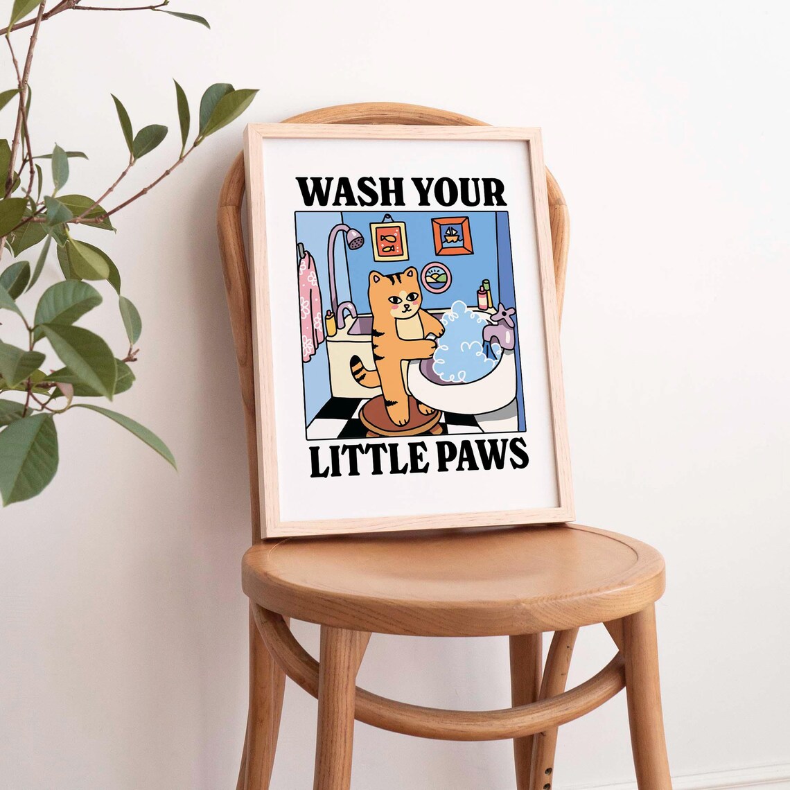 Wash Your Paws Orange Cat Poster, Retro Bathroom Decor - Image 2