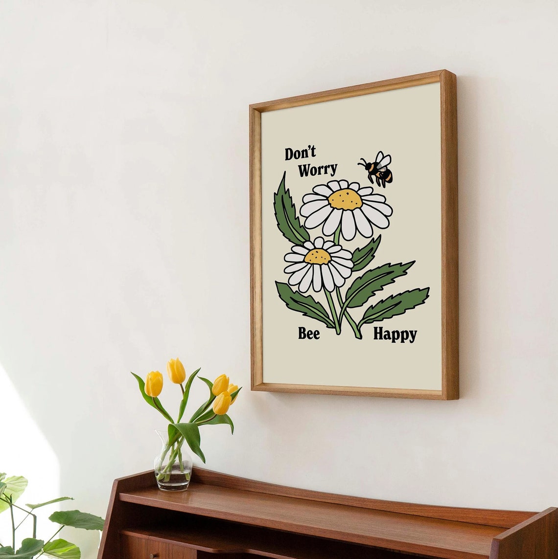 Don't Worry Bee Happy Bumblebee Daisy Flower Retro Pun Poster - Image 2