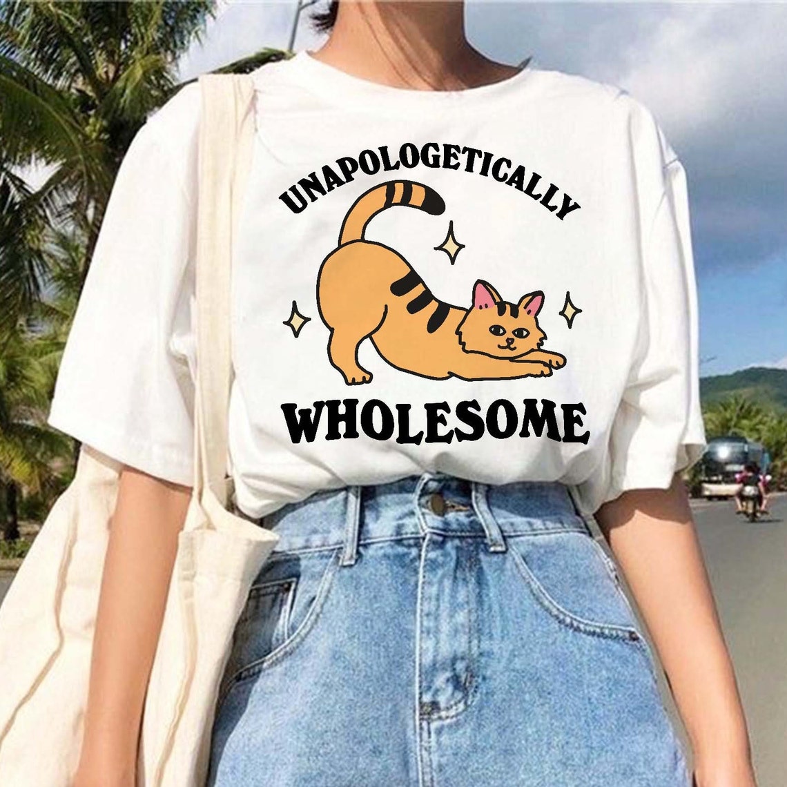Unapologetically Wholesome Funny Orange Cat Meme Graphic T Shirt - Image 2