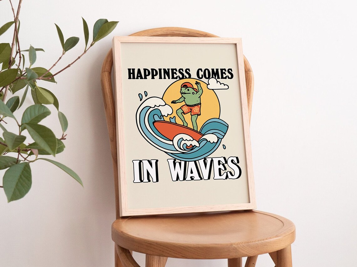 Surfing Frog Retro Happiness Quote Art Print - Image 3