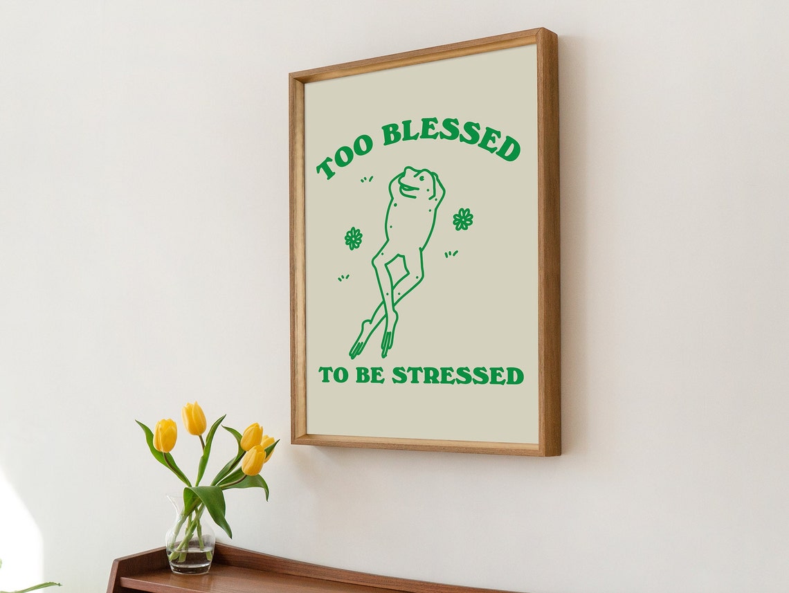 Chill Frog Too Blessed To Be Stressed Green Line Art Wall Poster - Image 2