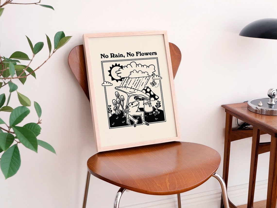 No Rain No Flowers Frog Mushroom Rain Black Line Retro Art Print - Image 3