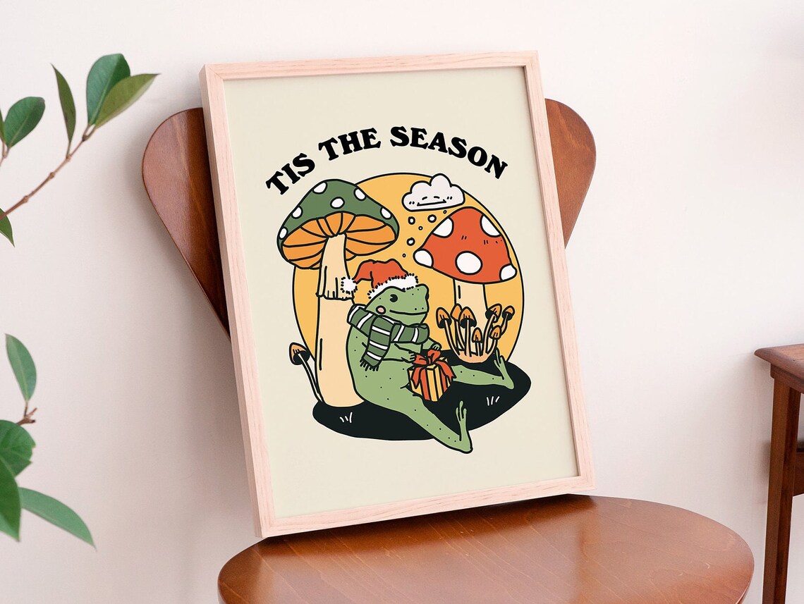 Tis The Season Retro Christmas Frog Mushroom Festive Holiday Poster - Image 2