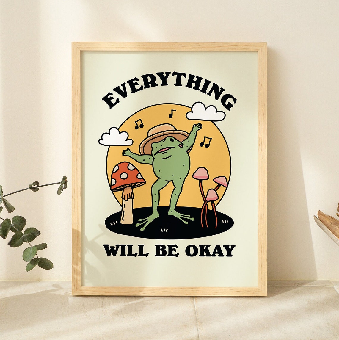 Everything Will Be Okay Cute Retro Dancing Frog Mushroom Poster