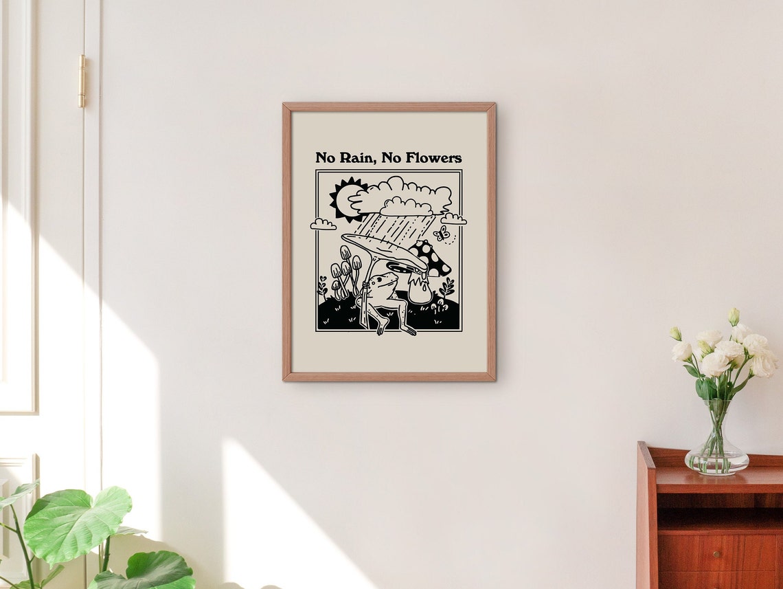No Rain No Flowers Frog Mushroom Rain Black Line Retro Art Print - Image 2