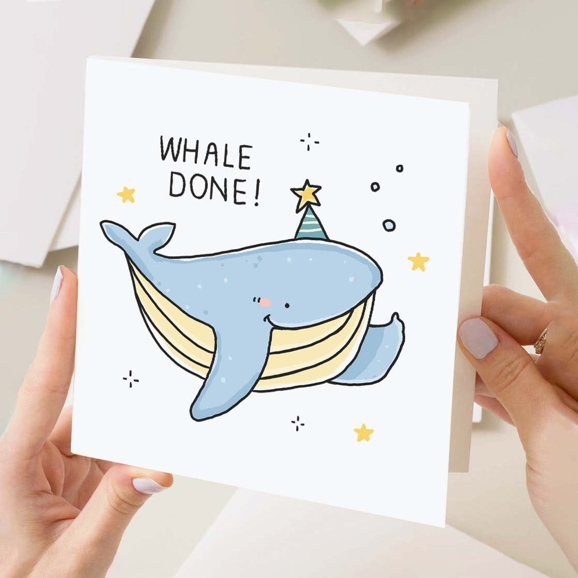 Whale Done Pun Greeting Card Blue Whale Party Hat Congratulations - Image 3