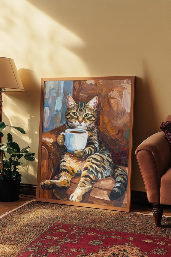 Textured Tabby Cat Oil Painting Print, Funny Portrait