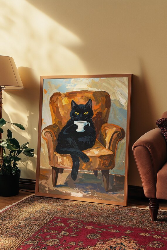 Funny Black Cat Drinking Coffee Armchair Oil Painting Poster