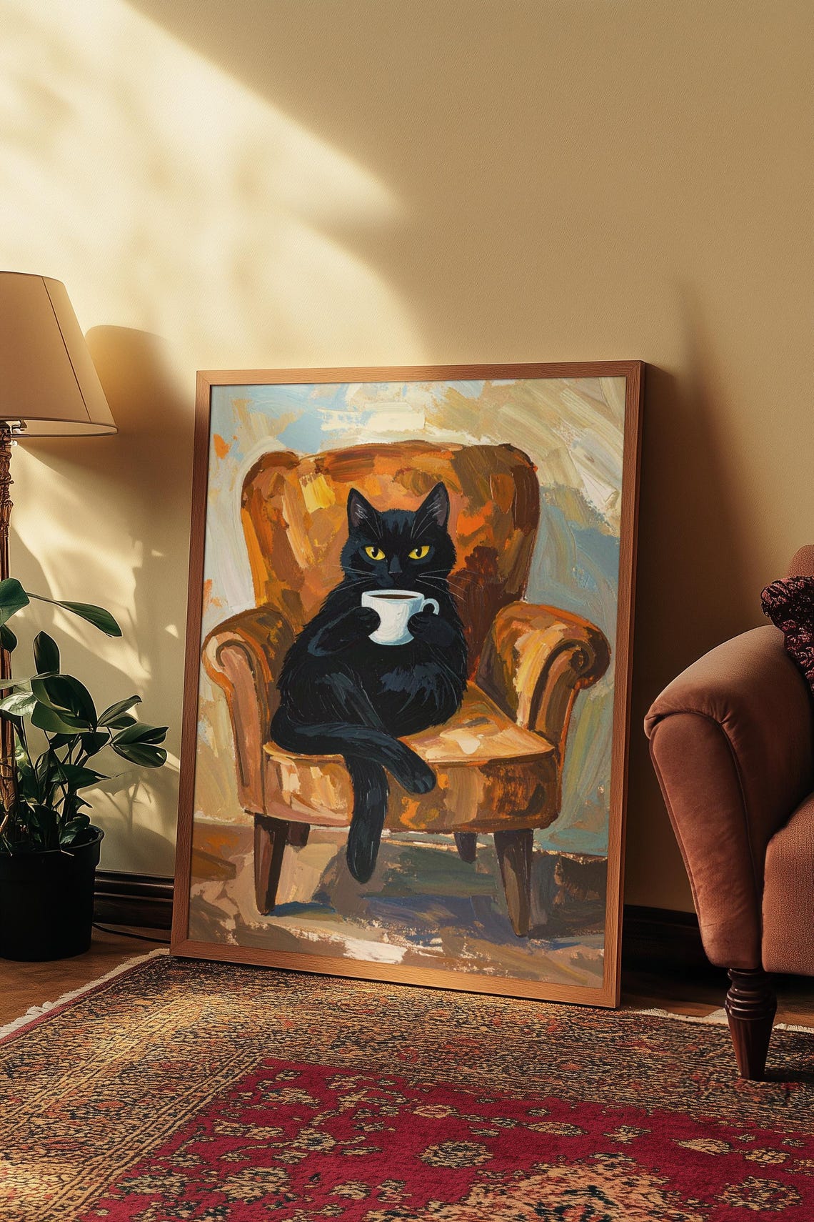 Funny Black Cat Drinking Coffee Armchair Oil Painting Poster