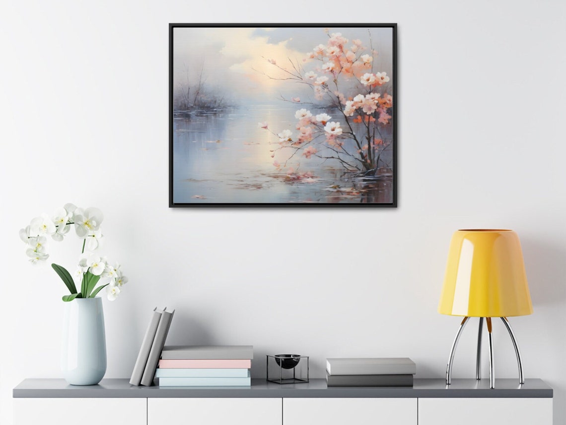 Pink Blossom Lake At Dawn Soft Pastel Floral Landscape Poster - Image 3