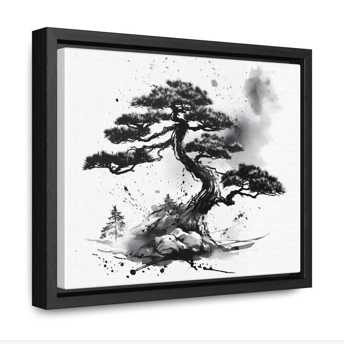 Bonsai Pine Tree Japanese Sumi-e Ink Black White Zen Style Poster - Image 2