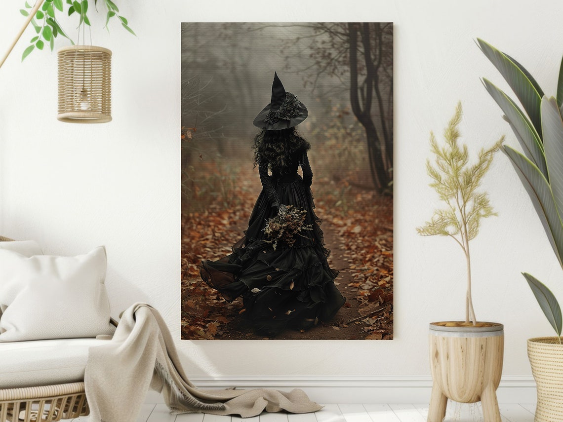Witch In Black Gown On Autumn Forest Path Fall Leaves Art Poster - Image 2