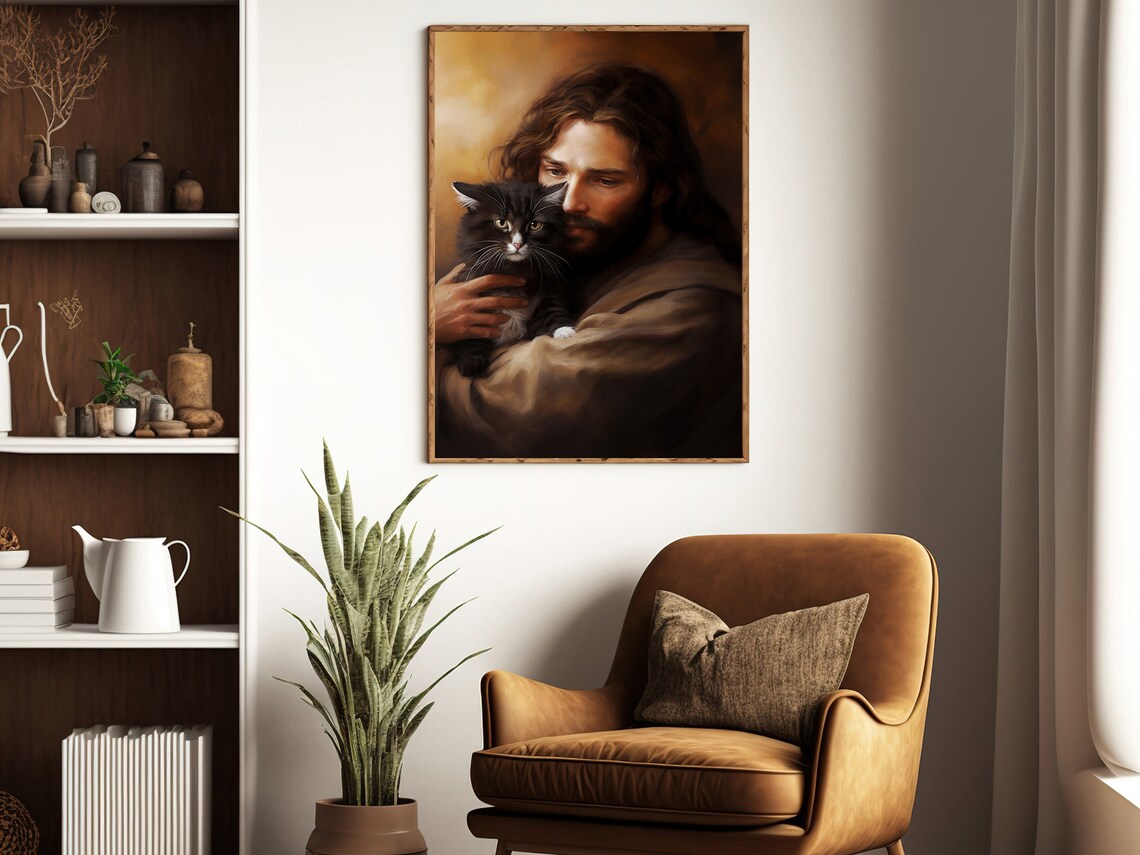 Jesus Christ Holding Black Kitten Warm Golden Christian Devotional Poster - Image 4