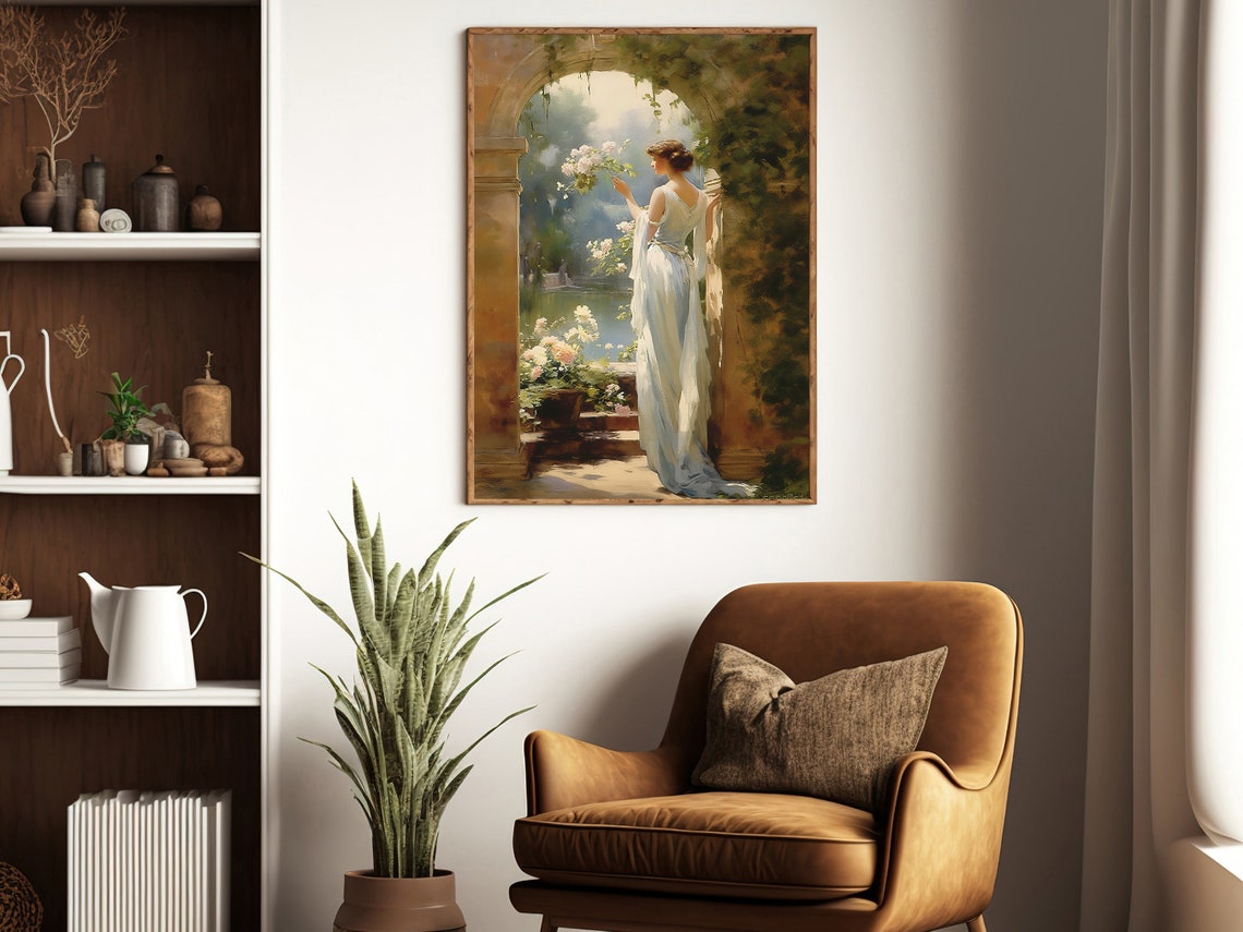 Victorian Woman in White Gown in Stone Garden Archway Art Print - Image 3