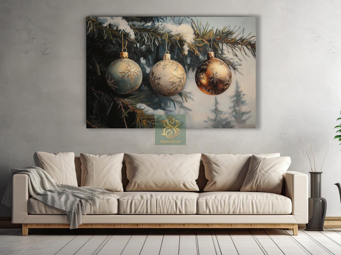 Gold And Blue Christmas Baubles On Snowy Pine Branch Holiday Print - Image 3