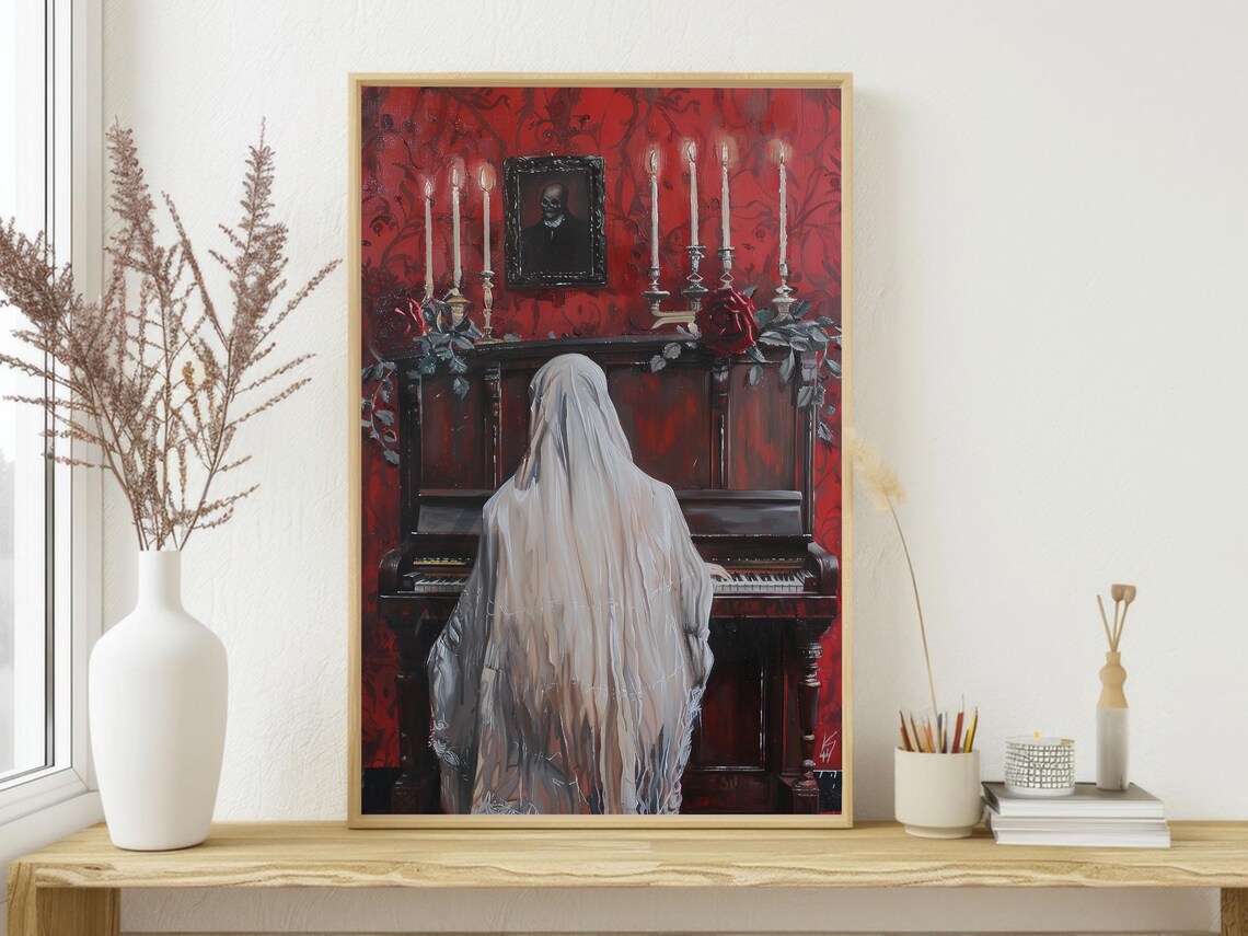 Ghost Playing Piano in Red Candlelit Victorian Room Dark Romantic Poster - Image 3