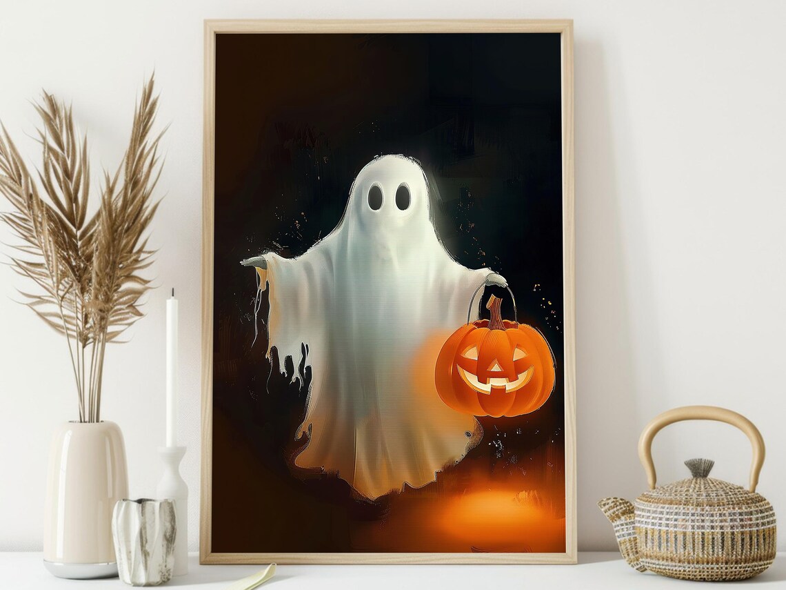 Cute Ghost Holding Glowing Jack O Lantern Pumpkin Bucket Halloween Poster - Image 4