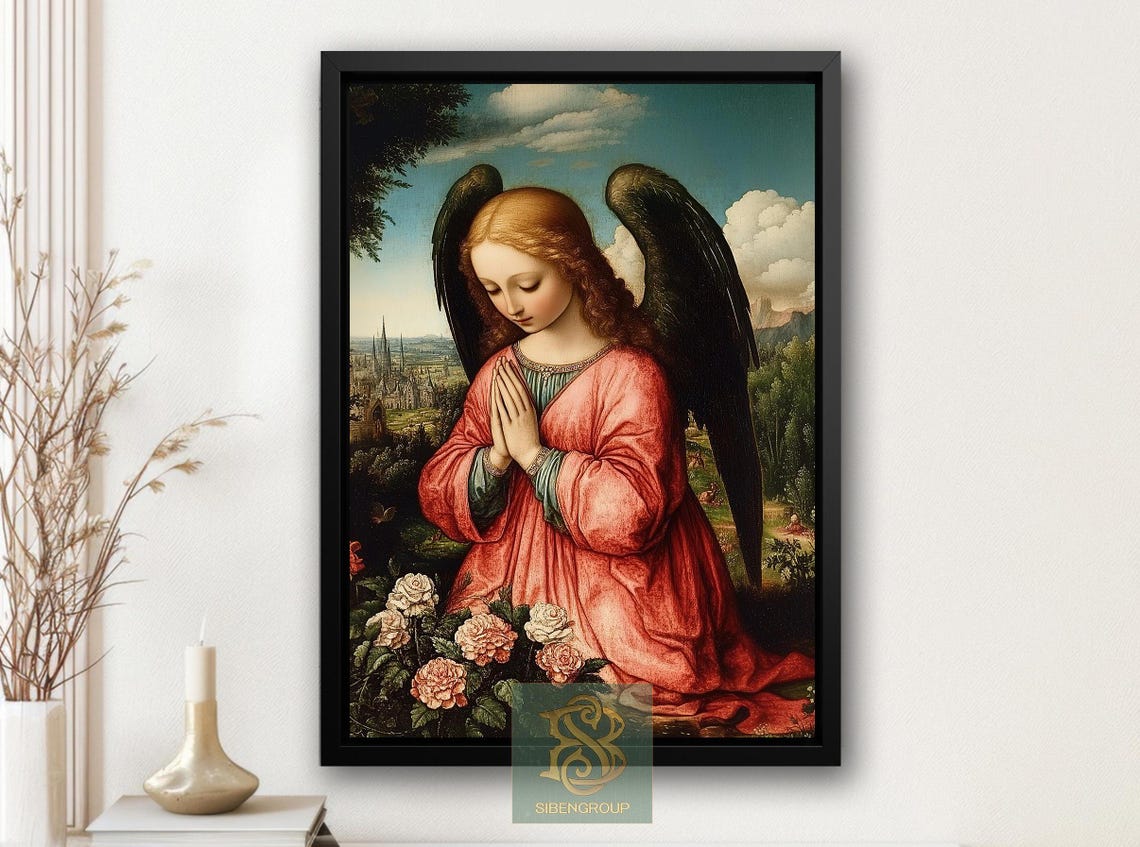 Praying Angel With Dark Wings Among Roses Vintage Religious Poster