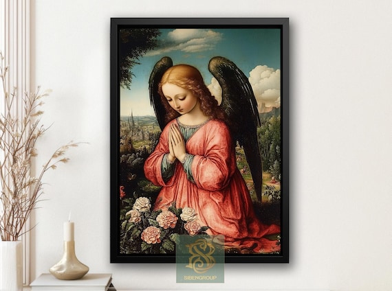 Praying Angel With Dark Wings Among Roses Vintage Religious Poster