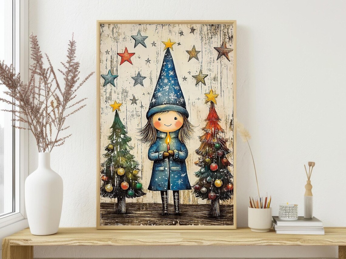 Cute Folk Girl Christmas Candle Starry Night Trees Illustration Poster - Image 3
